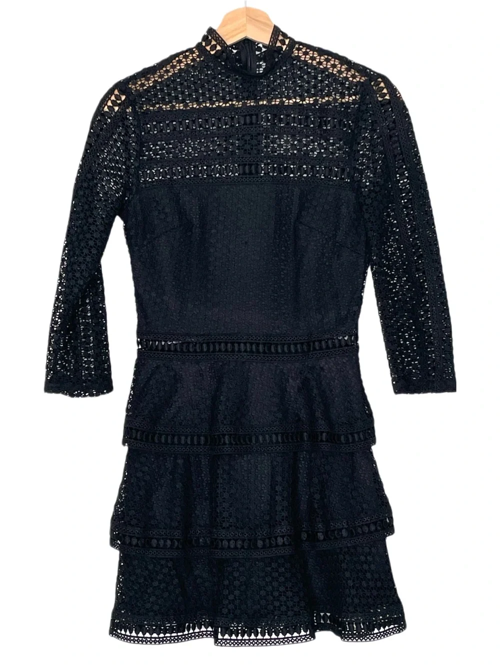 PrettyLittleThing Caya Black Premium Lace Panel Tiered Mini Dress Size 6